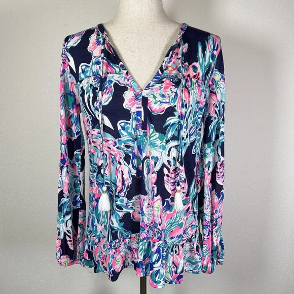 Lilly Pulitzer Tops - Lilly Pulitzer Top Blouse Size XS Blue Pink Long Sleeve Beach Tropical Fish